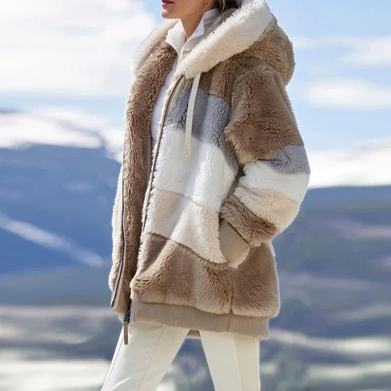 Women's Winter Fashion Coat Casual Stitching Plaid Clothes Hooded Zipper